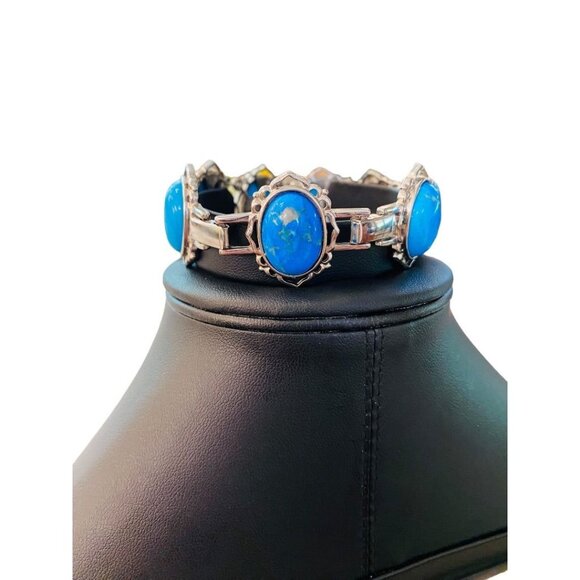 JBK Signed Faux Turquoise Link Bracelet Jacqueline Kennedy 1980s 7-8.2" Adjustab - Picture 13 of 16